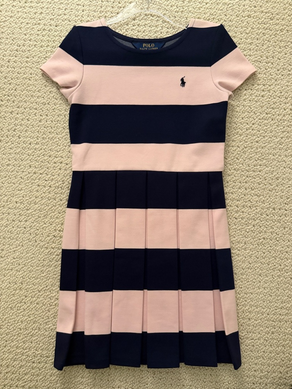 Polo by Ralph Lauren Pink and Navy Striped Pleated Knit Dress